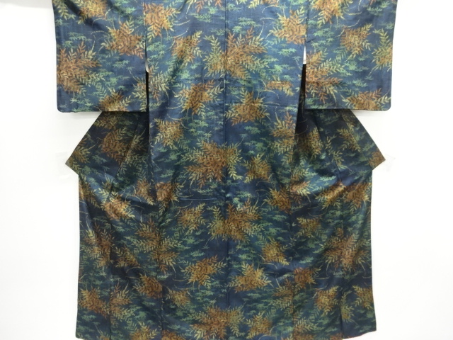JAPANESE KIMONO / ANTIQUE GRASS LEAF PATTERN WOVEN TSUMUGI KIMONO